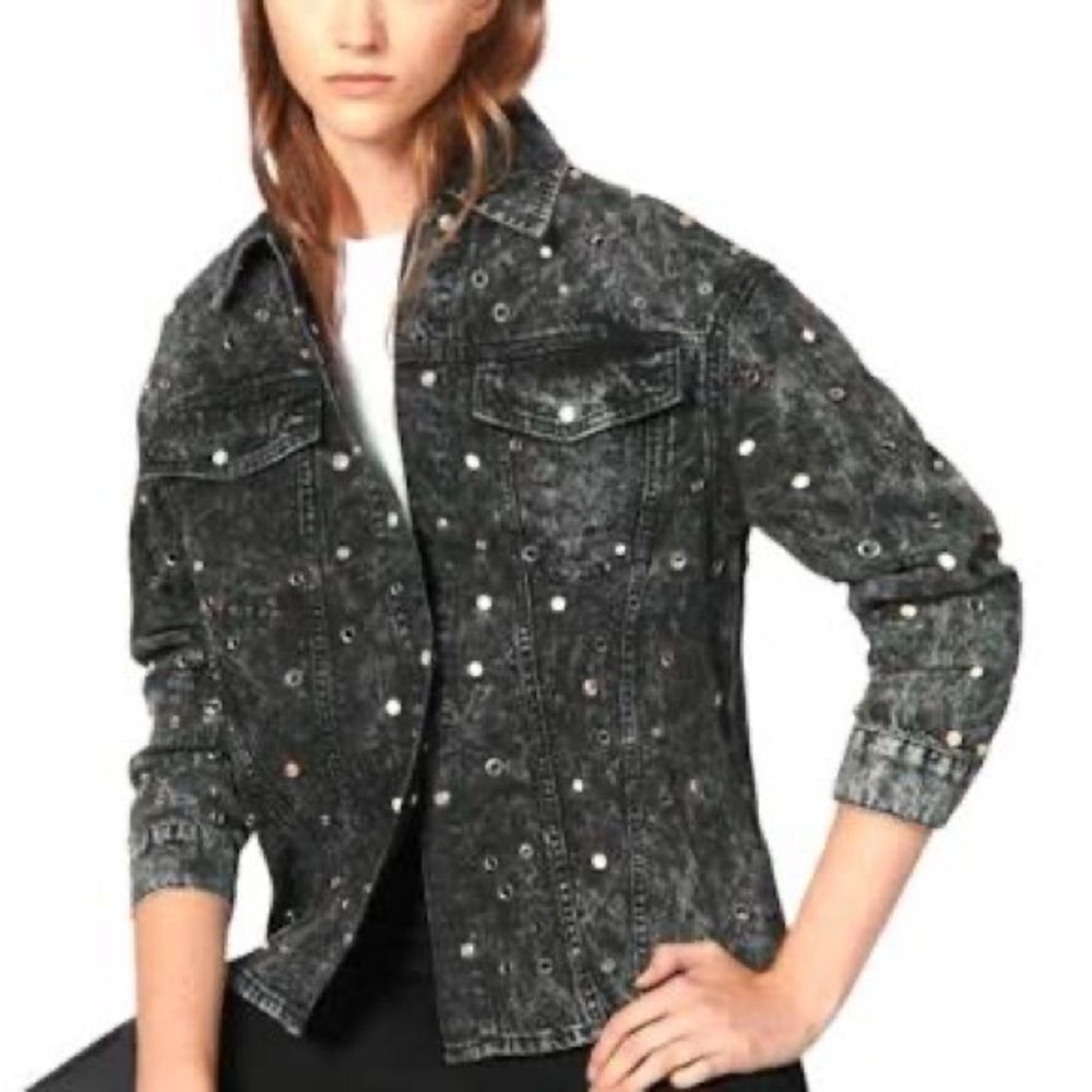 Sandro acid grunge embellished black denim cotton metal press stud eyelet jacket